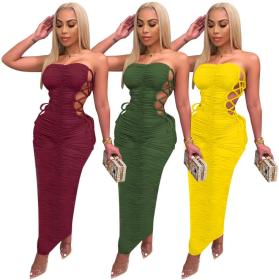 Sexy open back low-cut pleated side eyelet strap solid color dress N9287