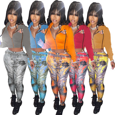 Fashion Zipper Long Sleeves Hooded Mini Cardigan With Pattern Printed Trousers Two Piece Sets Q716