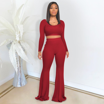 Casual Round Neck Long Sleeves Cropped Tops With Flared Trousers Two Pieces Sets  YF8880