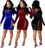 Sexy Velvet Mesh Stitching Round Neck Long Sleeves Mini Dress WMZ2606