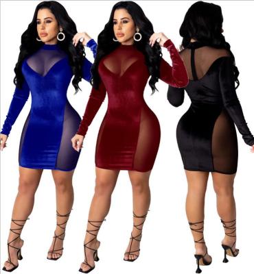 Sexy Velvet Mesh Stitching Round Neck Long Sleeves Mini Dress WMZ2606