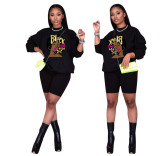 Fashion Printed Round Neck Long Sleeves Tops With Shorts Two Pieces Sets  OMM1203