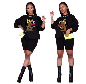 Fashion Printed Round Neck Long Sleeves Tops With Shorts Two Pieces Sets  OMM1203