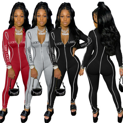 Sexy Letter Printed Zipper V-Neck Long Sleeves Skinny Jumpsuit MN8335