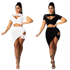 Sexy solid color strappy two-piece midi skirt JH227?