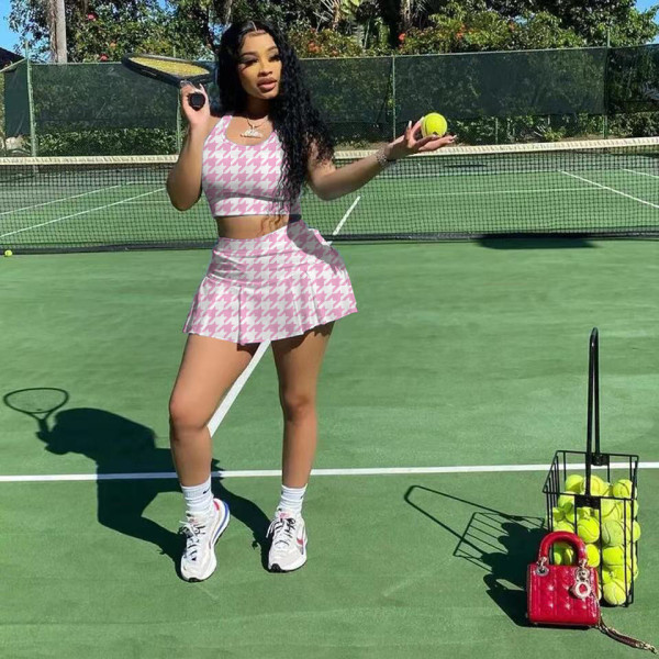 Houndstooth Printed Sports Tank Top Culottes Set CH8217
