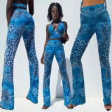 Positioning printed deep V-neck lace-up halter wide-leg pants fashion two-piece suit M9052