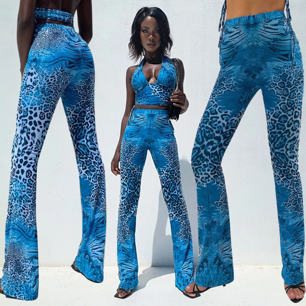 Positioning printed deep V-neck lace-up halter wide-leg pants fashion two-piece suit M9052