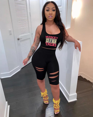Fashion casual printed vest shorts burnt flower slim sports two-piece suit L6287