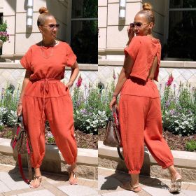 Fashionable cotton and linen loose back slit jumpsuit L6155