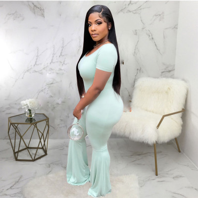 Sporty sexy slim fit solid color big flared jumpsuit F6674