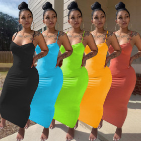 Solid color pleated V-neck strap slim sexy long dress M9058