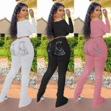 Printed sweatshirt pull frame wrinkled slit micro-flared sweatpants M9030