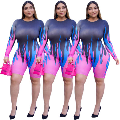 Sexy womens plus size flame print long-sleeved shorts jumpsuit JH239