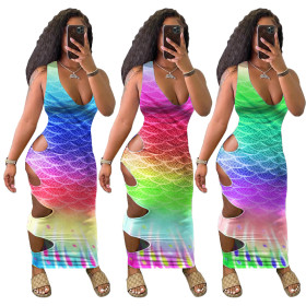 Casual sexy gradient three-color V-neck dress TH213