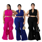 Two-piece plus size womens vest zipper wide-leg pants SC0122