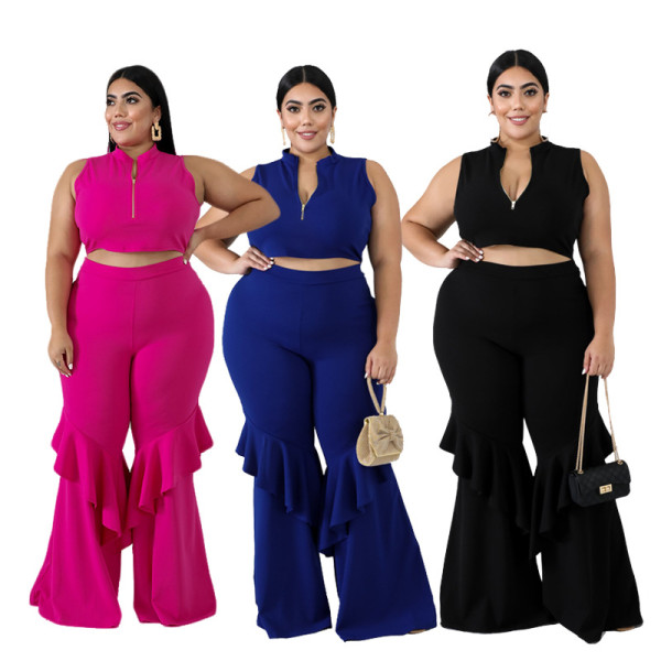 Two-piece plus size womens vest zipper wide-leg pants SC0122