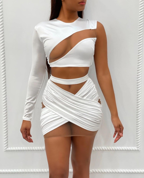 Mesh stitching one-shoulder sexy two-piece suit L6281