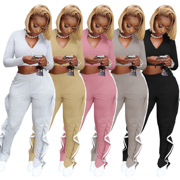Pure color cotton slim-fit zipper irregularly slit hem trousers sports suit M9028