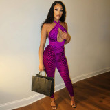 Digital positioning burnt flower printed piece hanging neck wrapped chest sexy jumpsuit women SZ8030