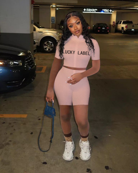 High neck thread embroidery letters zipper short sleeve sports two-piece suit TY2022