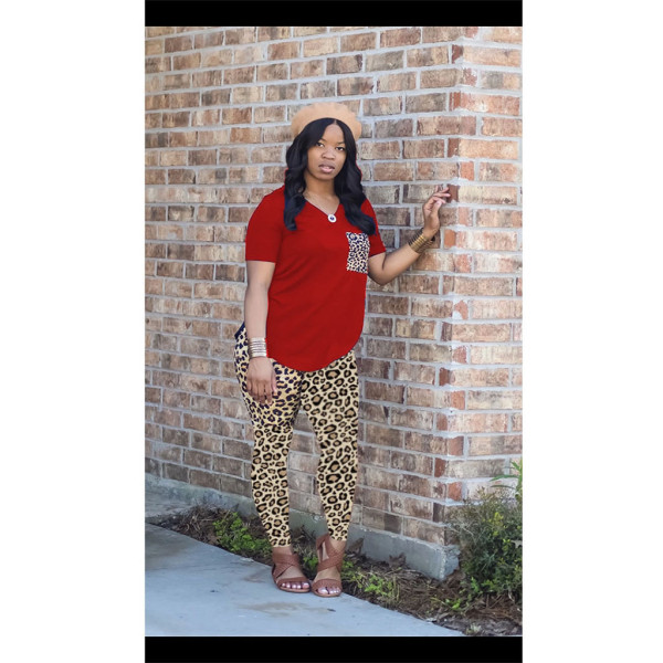 V-neck leopard print sports two-piece suit F6666