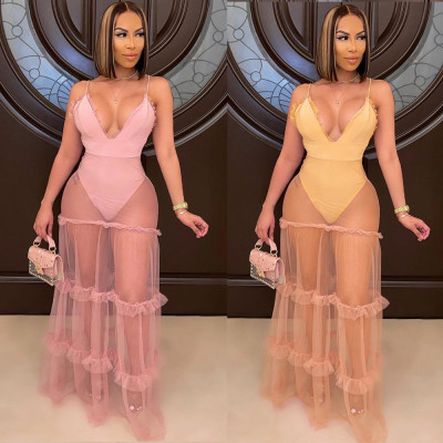 V-neck solid color suspender dress with mesh stitching wood ears M9057