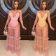 V-neck solid color suspender dress with mesh stitching wood ears M9057