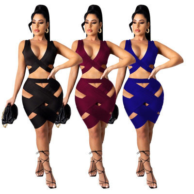 Solid color wispy tight irregular sleeveless V-neck two-piece female M9042