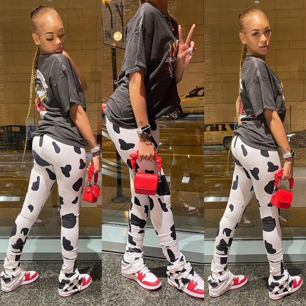 New style cow print pleated flared fashion casual womens trousers M9038