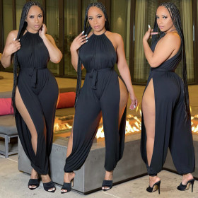 Solid color sling sexy split jumpsuit (including waist tie) BN149