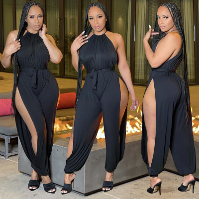 Solid color sling sexy split jumpsuit (including waist tie) BN149