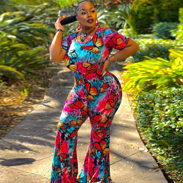 Digital printing cute butterfly camouflage sexy jumpsuit women SZ9048