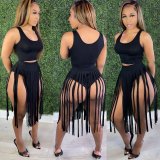 Casual solid color fringed skirt two-piece suit JH236
