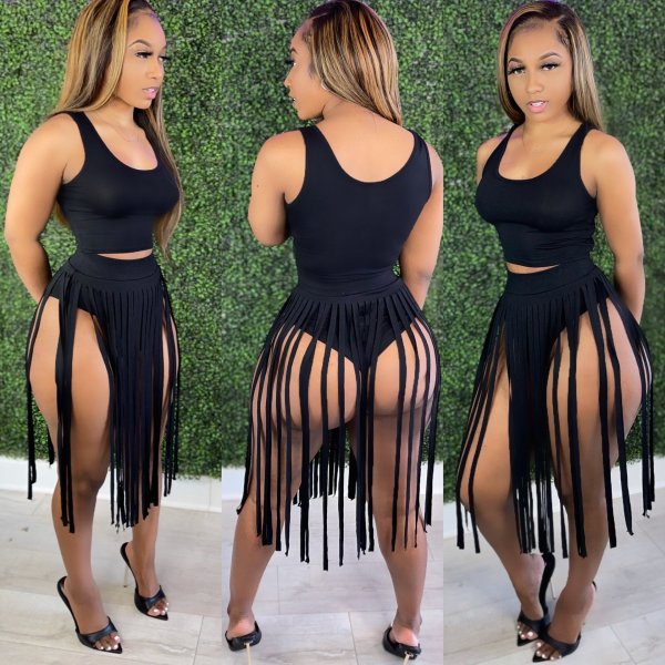 Casual solid color fringed skirt two-piece suit JH236