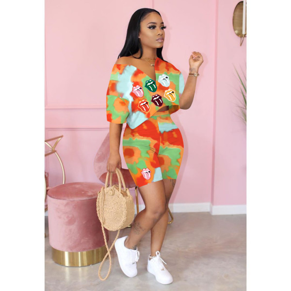 Tie-dye lips print two-piece casual temperament L6279