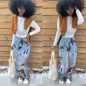 Casual fashion color pattern fringed velvet pants womens clothing M9055