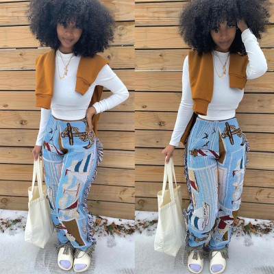 Casual fashion color pattern fringed velvet pants womens clothing M9055