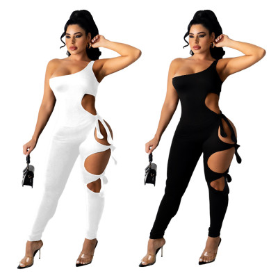 Solid color one-shoulder ripped tie jumpsuit JH235