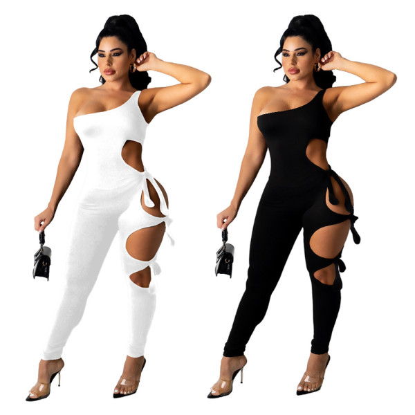 Solid color one-shoulder ripped tie jumpsuit JH235