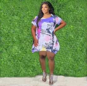 Comfortable and loose long T street graffiti fat sister all-match plus size womens clothing L2157