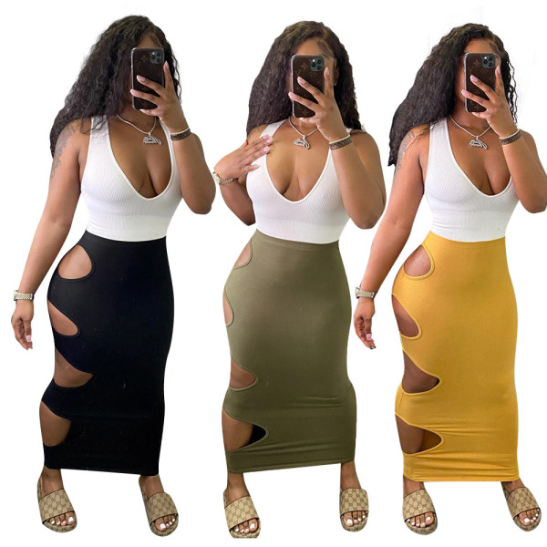 Sexy solid color hole bag hip sleeveless two-piece suit M9043