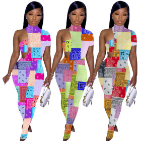 Two-piece wrap-chest print split jumpsuit JH238