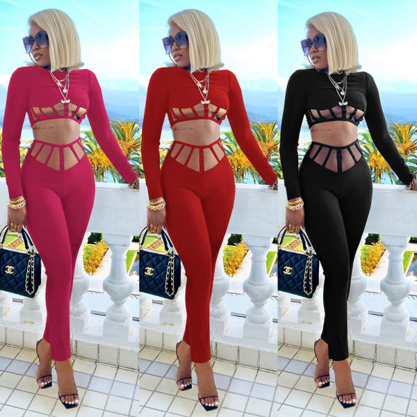 Pure color mesh sexy temperament stitching two-piece suit M9019
