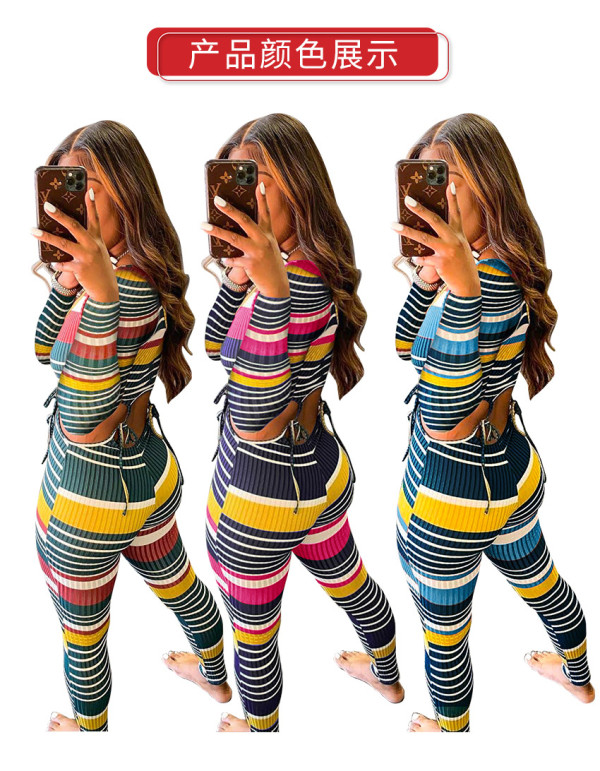 New color striped threaded long sleeve two-piece womens suit M9011