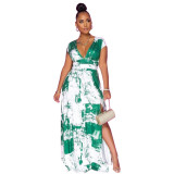 Digital printed V-neck airplane sleeve pleated side slit dress women SZ8047