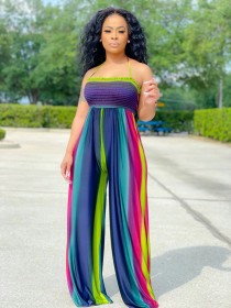 Nude back colorful print jumpsuit L2158