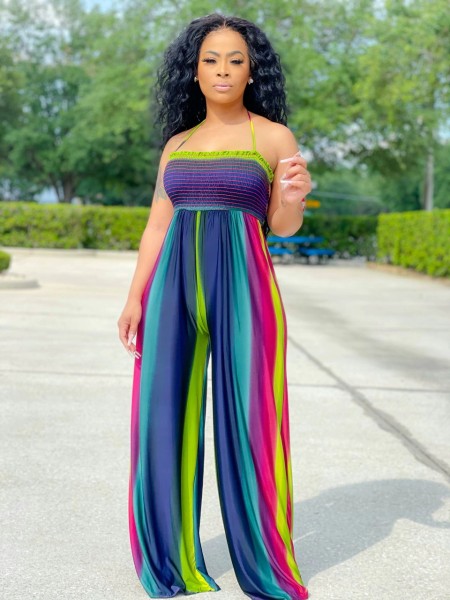 Nude back colorful print jumpsuit L2158
