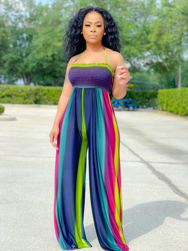 Nude back colorful print jumpsuit L2158