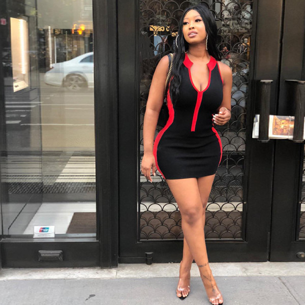 Stitching contrast color V-neck sexy dress SZ9079